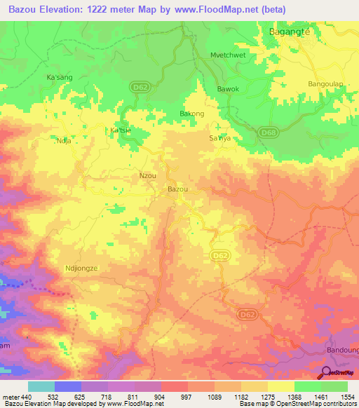 Bazou,Cameroon Elevation Map