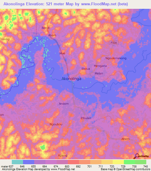 Akonolinga,Cameroon Elevation Map