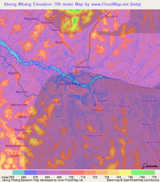 Abong Mbang,Cameroon Elevation Map