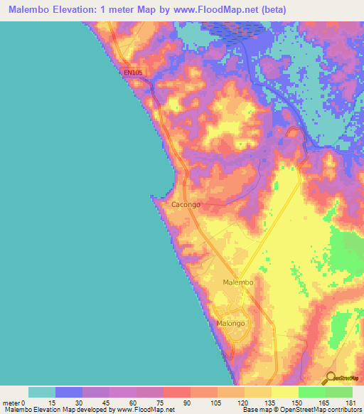 Malembo,Angola Elevation Map