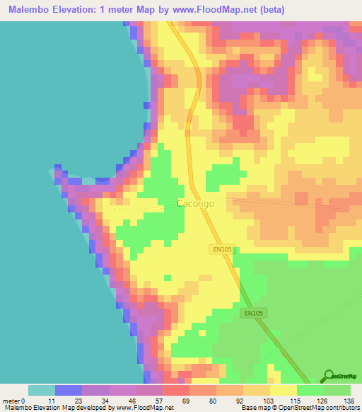 Malembo,Angola Elevation Map