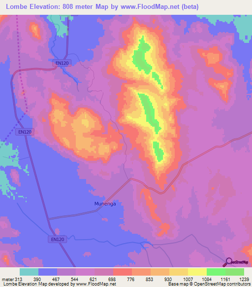 Lombe,Angola Elevation Map