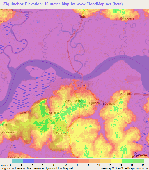 Ziguinchor,Senegal Elevation Map