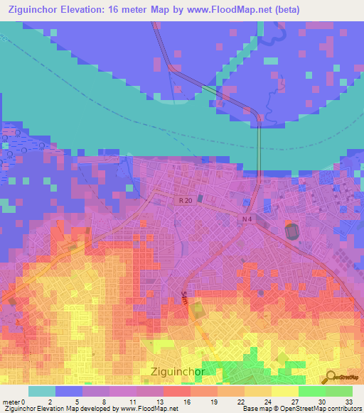 Ziguinchor,Senegal Elevation Map