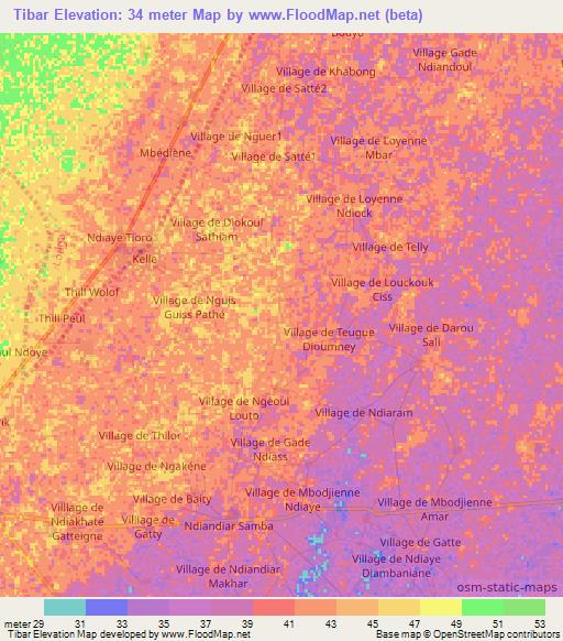 Tibar,Senegal Elevation Map