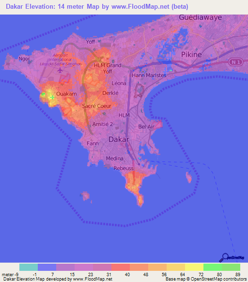 Dakar,Senegal Elevation Map