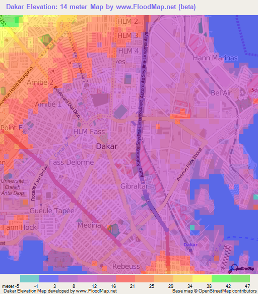 Dakar,Senegal Elevation Map