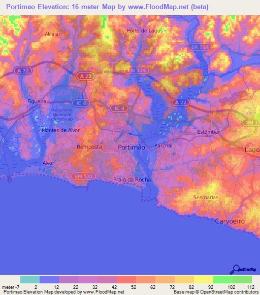 Portimao,Portugal Elevation Map