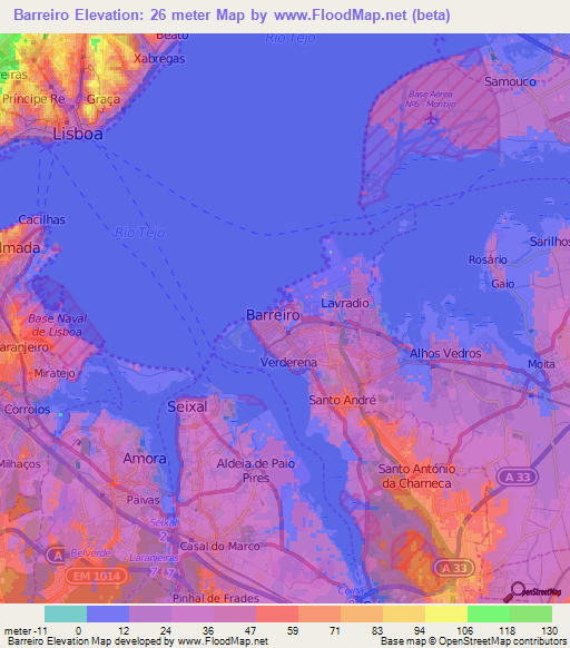 Barreiro,Portugal Elevation Map