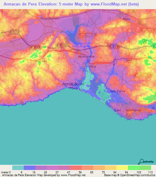 Armacao de Pera,Portugal Elevation Map