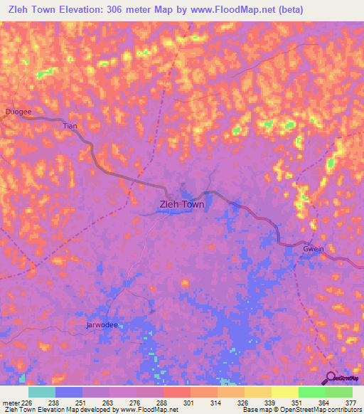 Zleh Town,Liberia Elevation Map