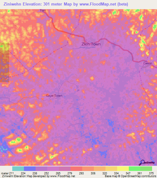 Ziniwehn,Liberia Elevation Map