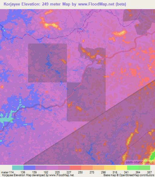 Korjayee,Liberia Elevation Map