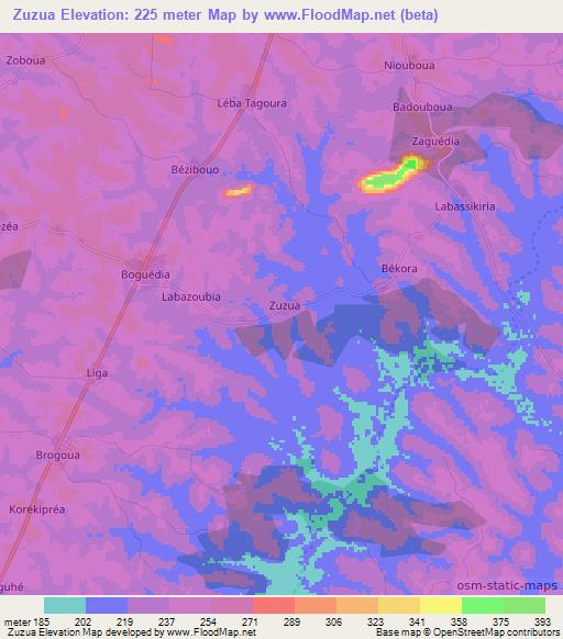 Zuzua,Ivory Coast Elevation Map