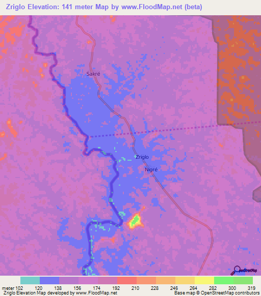 Zriglo,Ivory Coast Elevation Map