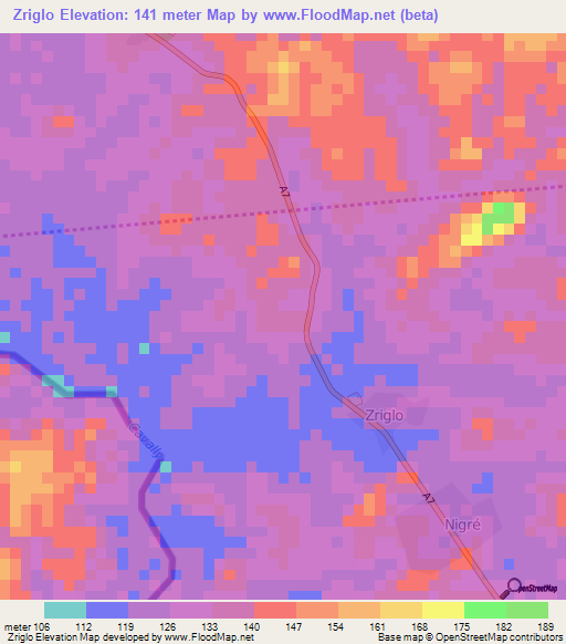 Zriglo,Ivory Coast Elevation Map