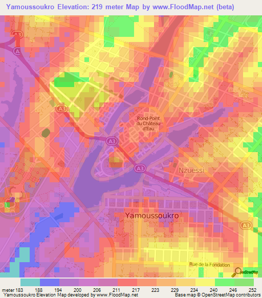 Yamoussoukro,Ivory Coast Elevation Map