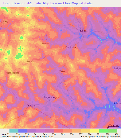 Tiolo,Ivory Coast Elevation Map