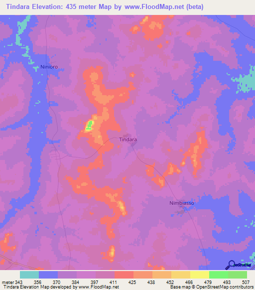 Tindara,Ivory Coast Elevation Map