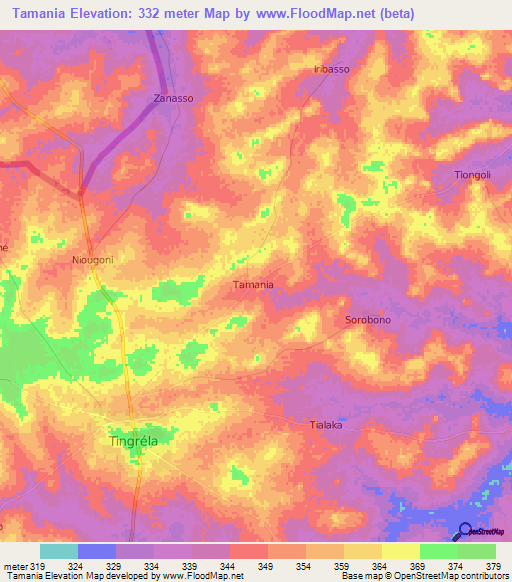 Tamania,Ivory Coast Elevation Map