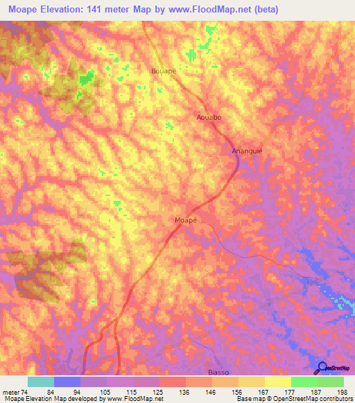 Elevation of Moape,Ivory Coast Elevation Map, Topography, Contour