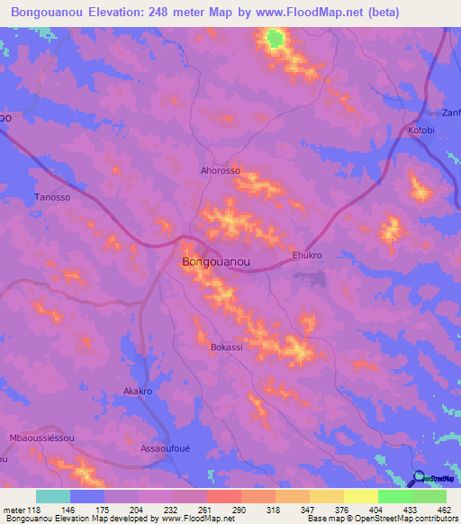 Bongouanou,Ivory Coast Elevation Map