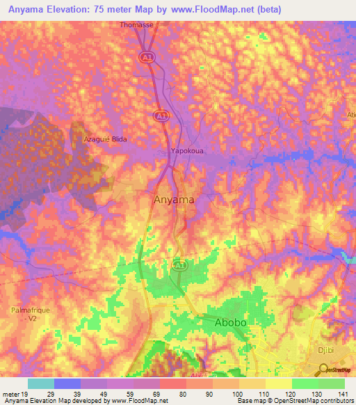 Anyama,Ivory Coast Elevation Map