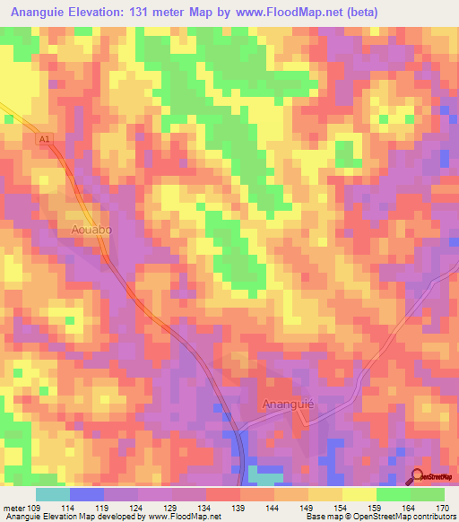 Ananguie,Ivory Coast Elevation Map