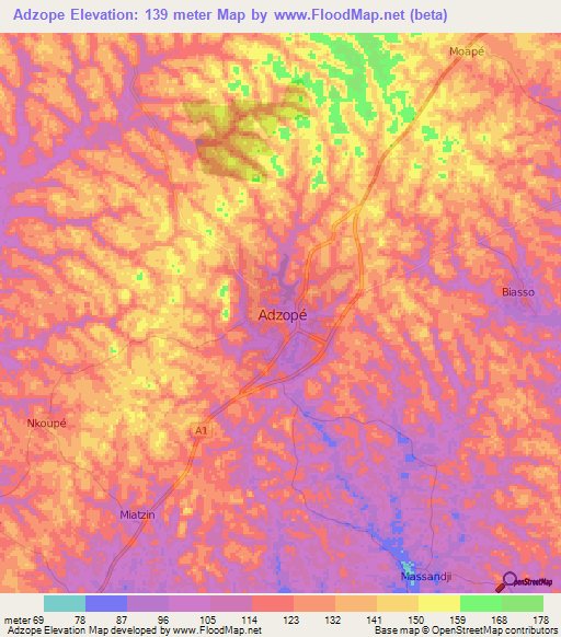 Adzope,Ivory Coast Elevation Map