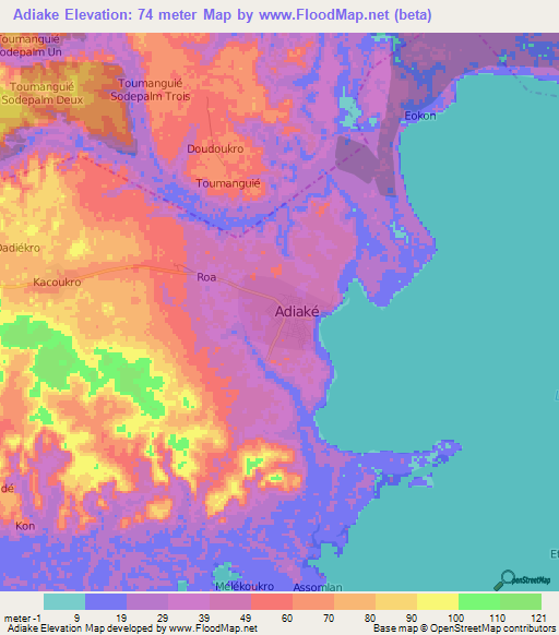 Adiake,Ivory Coast Elevation Map