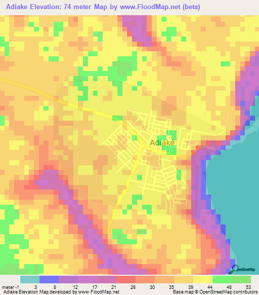 Adiake,Ivory Coast Elevation Map