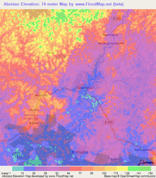 Aboisso,Ivory Coast Elevation Map