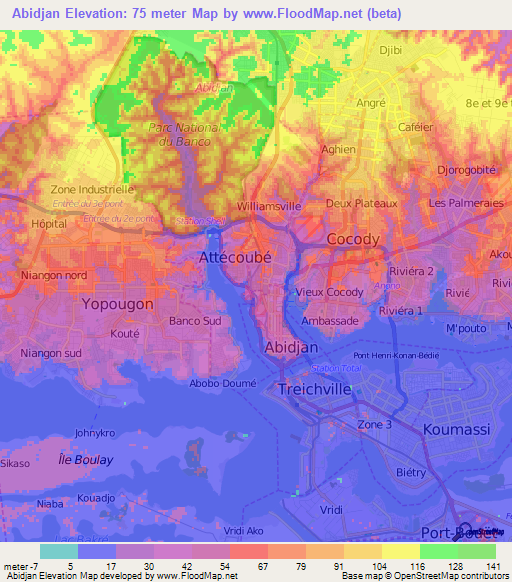 Abidjan,Ivory Coast Elevation Map