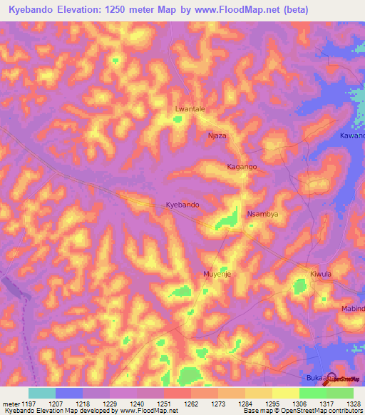 Kyebando,Uganda Elevation Map