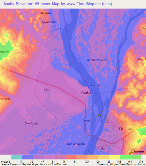 Asaba,Nigeria Elevation Map