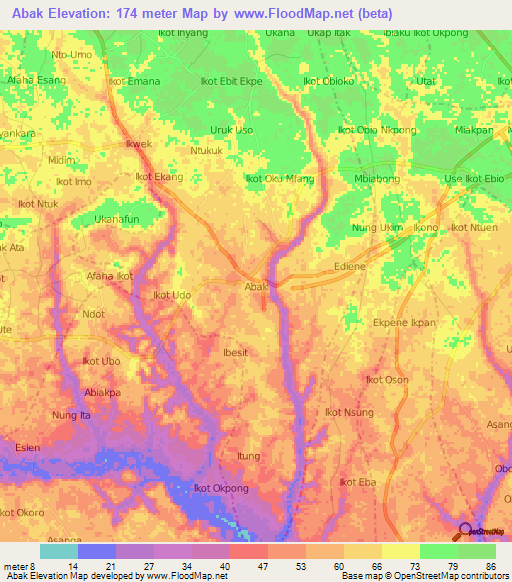 Abak,Nigeria Elevation Map