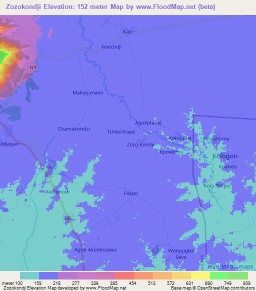 Zozokondji,Togo Elevation Map