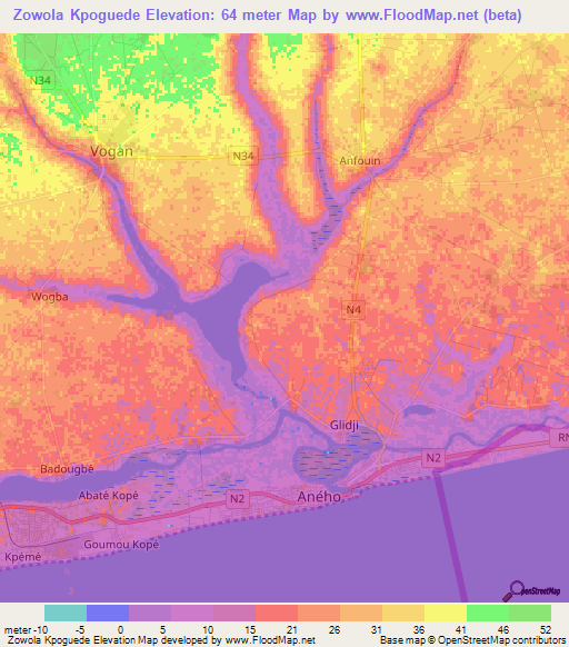 Zowola Kpoguede,Togo Elevation Map