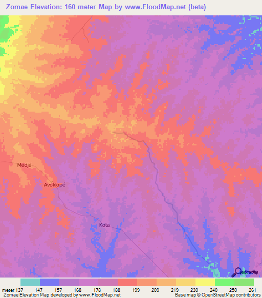 Zomae,Togo Elevation Map