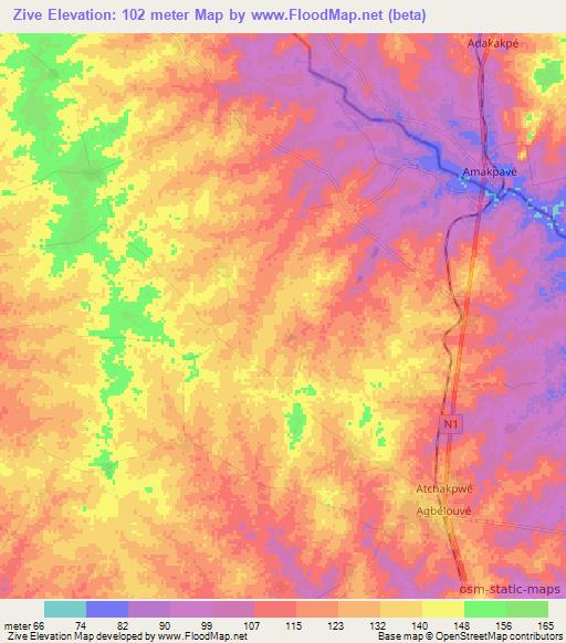 Zive,Togo Elevation Map