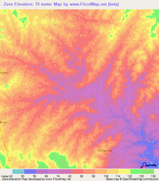 Zeve,Togo Elevation Map