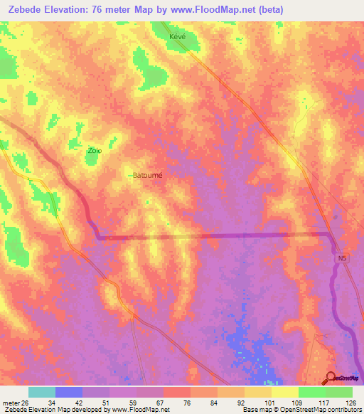 Zebede,Togo Elevation Map