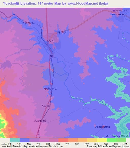Yovokodji,Togo Elevation Map