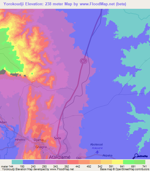 Yorokoudji,Togo Elevation Map