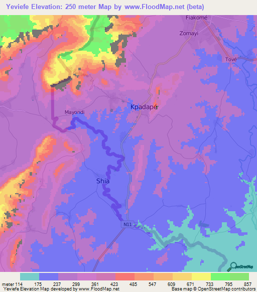 Yeviefe,Togo Elevation Map