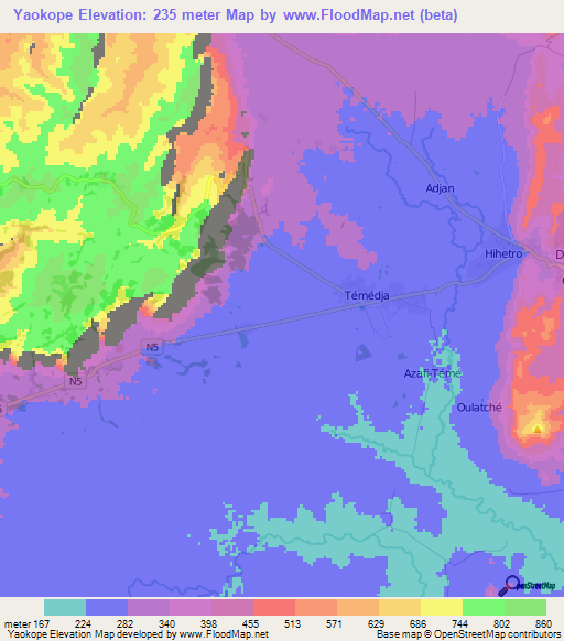 Yaokope,Togo Elevation Map