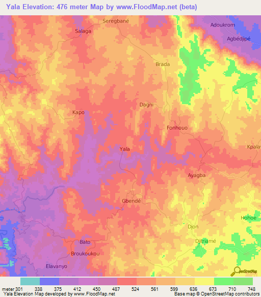 Yala,Togo Elevation Map