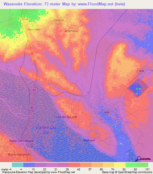 Wassouke,Togo Elevation Map