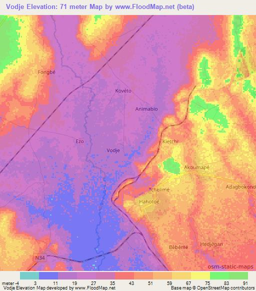 Vodje,Togo Elevation Map