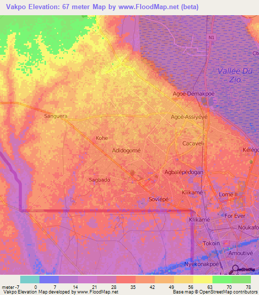 Vakpo,Togo Elevation Map